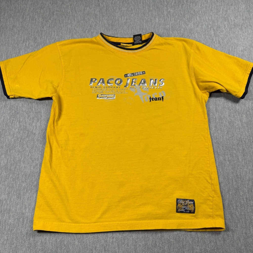 Paco Jeans T-Shirt Men XL Yellow Graphic Short Sleeve Crew Neck Cotton Streetwea